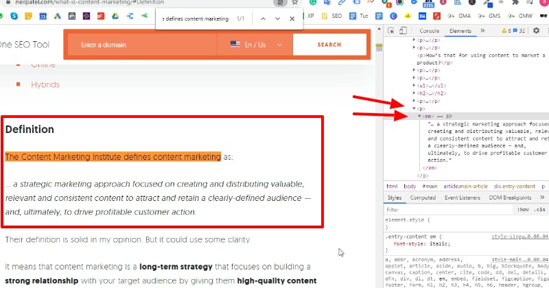 Technically google content snippet creation with paragraph and em tag